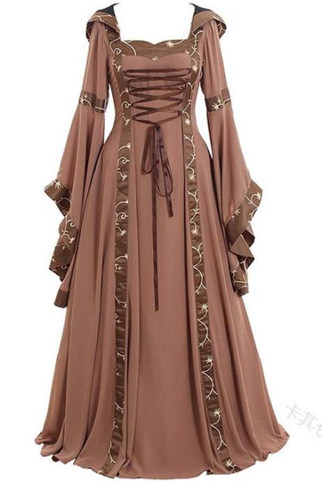 Women Maxi Dress Hooded Flare Sleeve Medieval Renaissance Gown Vintage Halloween Costume khaki