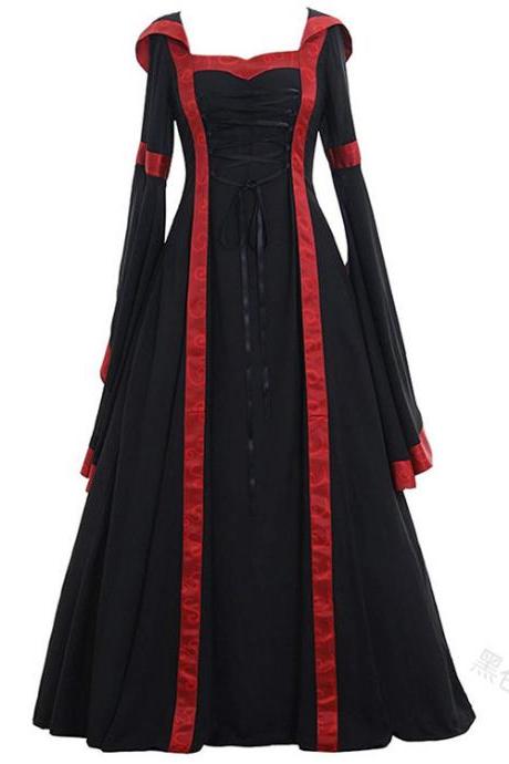 Women Maxi Dress Hooded Flare Sleeve Medieval Renaissance Gown Vintage Halloween Costume black