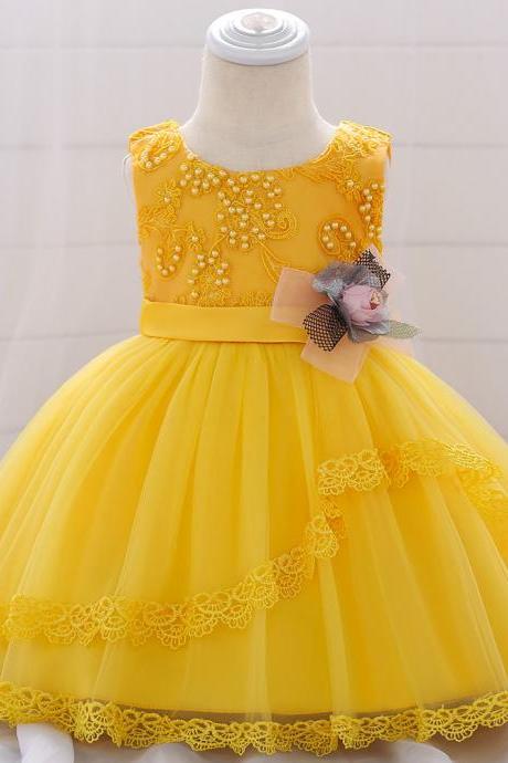 Lace Flower Girls Dress Tutu Newborn Wedding Birthday Baptism Party Gown Baby Kids Clothes yellow