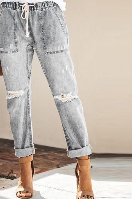 Women Jeans Drawstring High Waist Ripped Boyfriend Casual Loose Denim Pants Gray