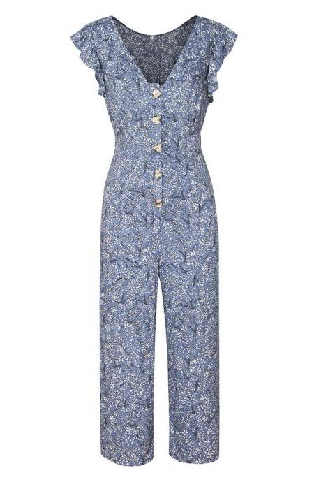 Women Jumpsuit V-neck Sleeveless Floral Printed Button Casual Loose Romper Overalls blue