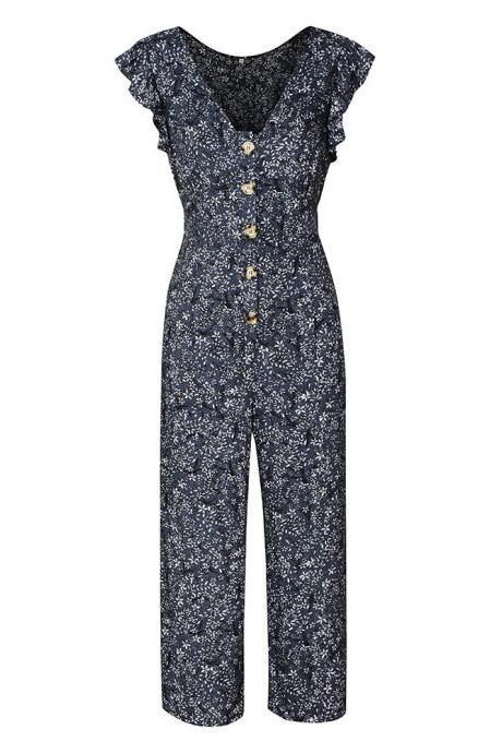 Women Jumpsuit V-neck Sleeveless Floral Printed Button Casual Loose Romper Overalls navy blue