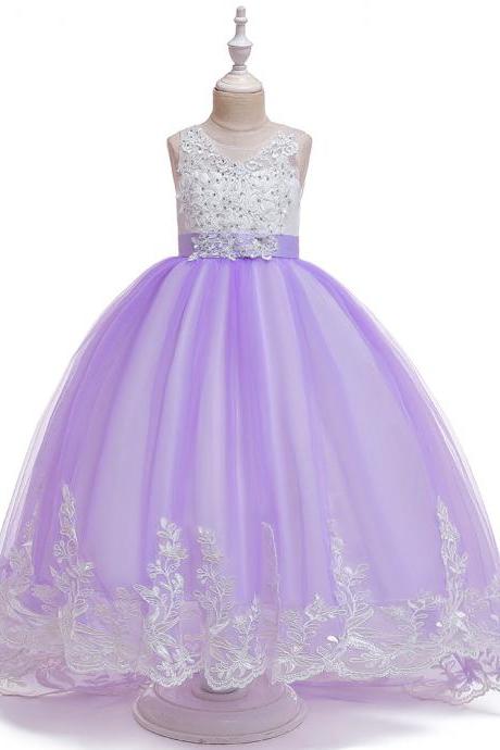 Long Flower Girls Dress Trailing Lace Tutu Wedding Birthday Formal Party Gown Kids Children Clothes Lilac