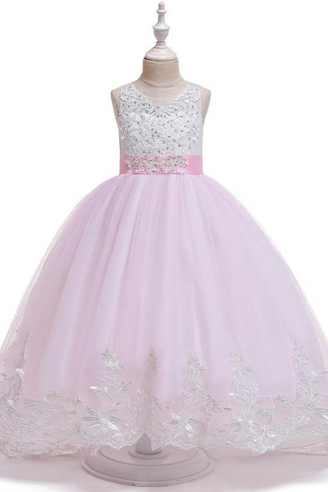 Long Flower Girls Dress Trailing Lace Tutu Wedding Birthday Formal Party Gown Kids Children Clothes Pink