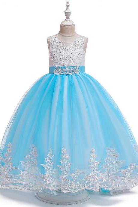 Long Flower Girls Dress Trailing Lace Tutu Wedding Birthday Formal Party Gown Kids Children Clothes sky blue