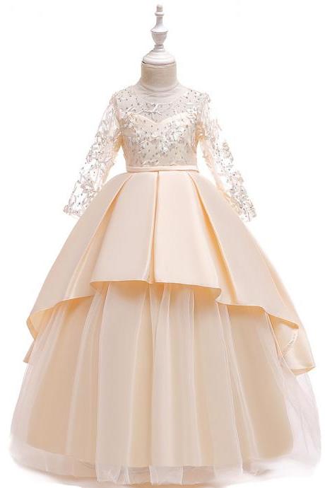 Long Sleeve Flower Girls Dress Lace Tutu Wedding Birthday Formal Party Gown Kids Children Clothes Champagne