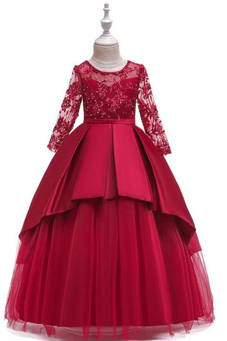 Long Sleeve Flower Girls Dress Lace Tutu Wedding Birthday Formal Party Gown Kids Children Clothes Dark Red