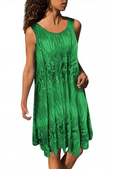 Women Casual Dress Floral Printed Summer Beach Boho Plus Size Sleeveless Loose Sundress green