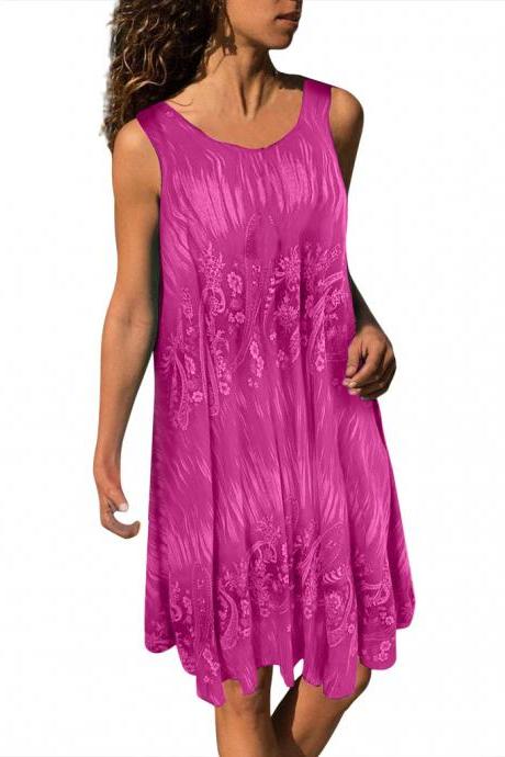  Women Casual Dress Floral Printed Summer Beach Boho Plus Size Sleeveless Loose Sundress hot pink