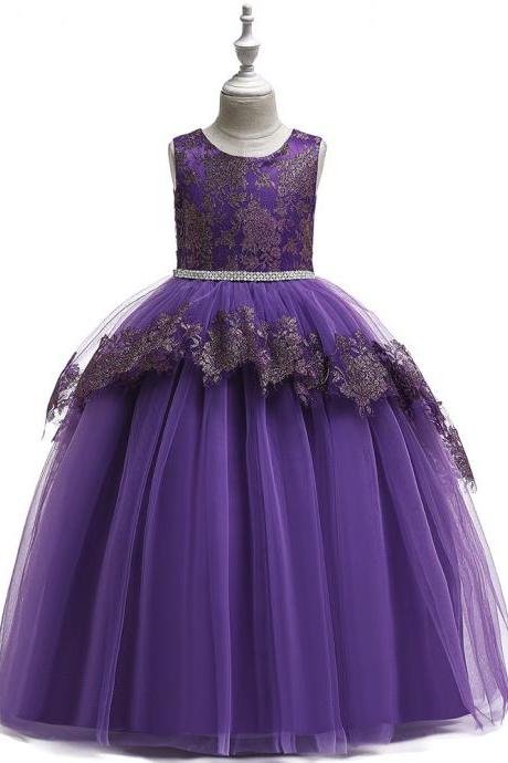 Long Lace Flower Girl Dress Teens Formal Birthday Bridesmaid Party Tutu Gown Chidlren Kids Clothes purple