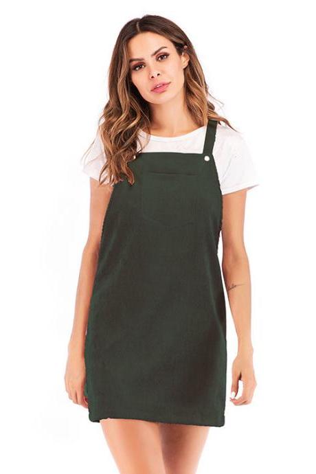 Women Casual Dress Corduroy Vest Overall Sleeveless Mini Suspender Dress green