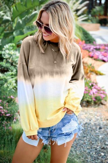  Women Sweatshirt Rainbow Gradient Color Autumn Long Sleeve Plus Size Casual Loose Pullover Tops khaki