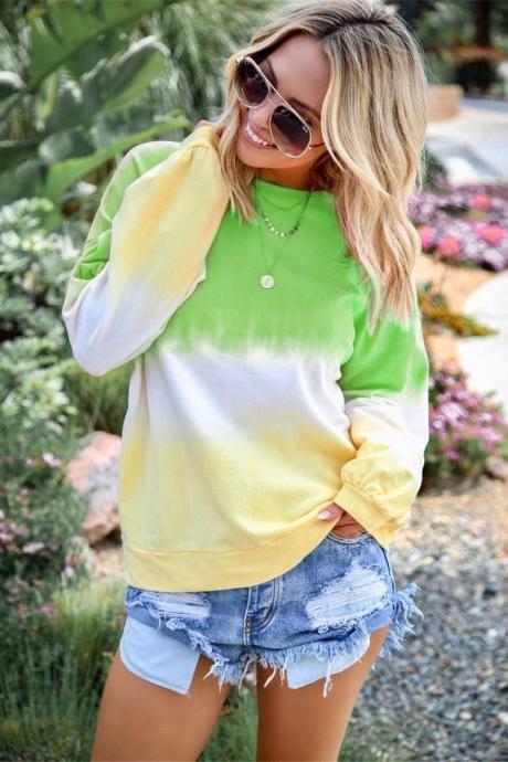 Women Sweatshirt Rainbow Gradient Color Autumn Long Sleeve Plus Size Casual Loose Pullover Tops green