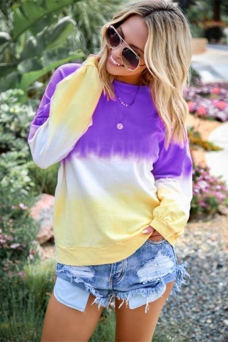 Women Sweatshirt Rainbow Gradient Color Autumn Long Sleeve Plus Size Casual Loose Pullover Tops Purple