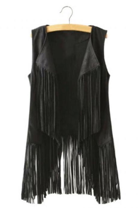 Women Tassels Outwear Sleeveless Fringed Solid Color Vest Long Waistcoat black