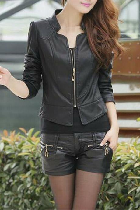 Women Long Sleeve Coat Pu Leather Motorcycle Bomber Biker Crop Short Jacket Black