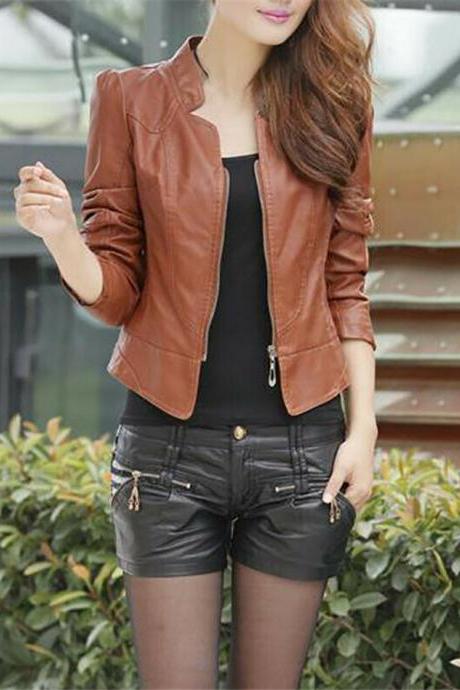 Women Long Sleeve Coat Pu Leather Motorcycle Bomber Biker Crop Short Jacket Brown