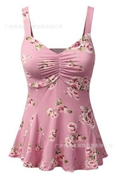 Womens Sleeveless Shirtdress Vintage Floral V Neck Tank Top Floral Summer Vest Blouse Pink