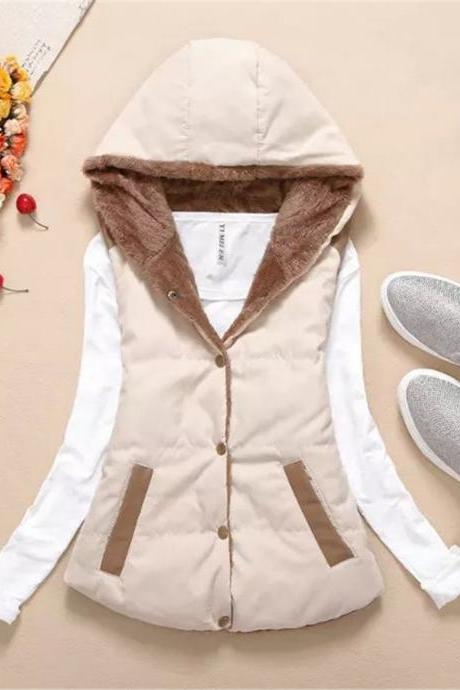 Women Hooded WaistcoatLadies Sleeveless Winter Gilet Fleece Hoodies Coat Jacket beige 