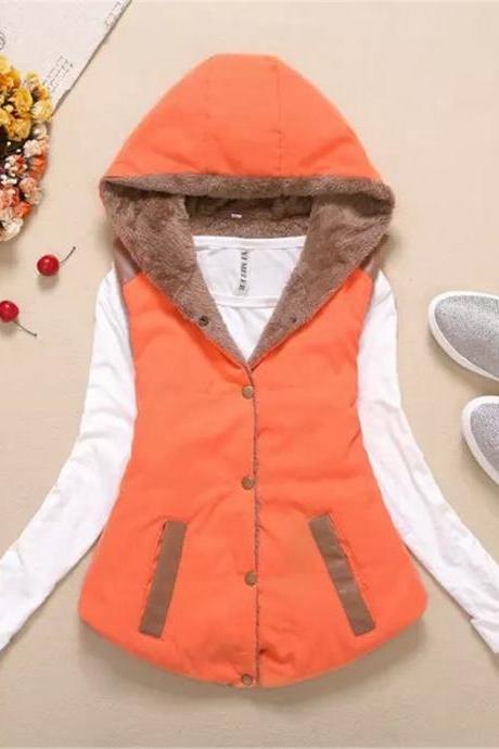 Women Hooded WaistcoatLadies Sleeveless Winter Gilet Fleece Hoodies Coat Jacket orange