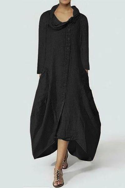 Women Buttons Asymmetrical Shirt Dress Irregular Loose Plus Size Midi Dress black