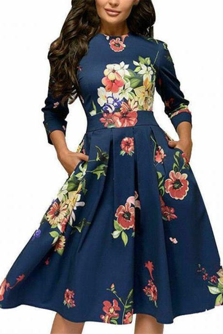  Autumn Spring Vintage Women Retro Tunic Long Sleeved Print Floral A-Line Dresses navy blue