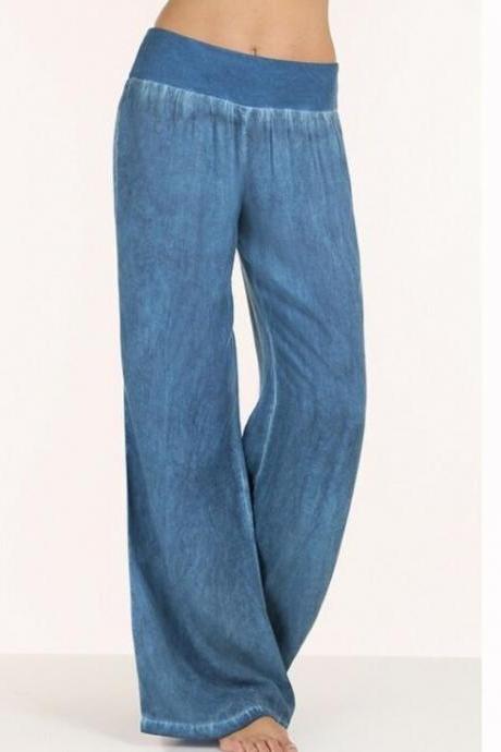  Women Casual High Waist Elasticity Denim Wide Leg Palazzo Pants Jeans Trousers Blue