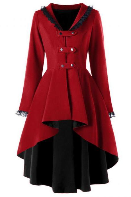 Vintage Victorian Women Lady Steampunk Swallow Tail Goth Long Trench Coat Jacket wine red