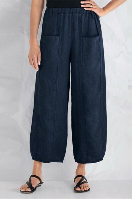  Women Cotton Long Harem Pants Casual Wide Legs Loose Oversize Trousers navy blue