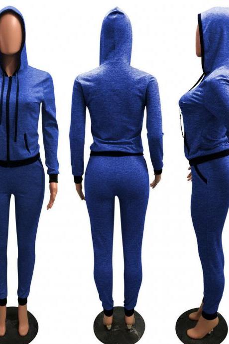 Women Long Sleeves Hoodie Coat Bodycon Jumpsuit Rompers Casual Sport Suits 2pcs bule