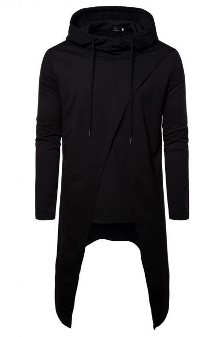  New Fashion Men's Sweatshirts Long sleeve Clothing Irregular Cap Cover Middle and Long Hoodies coat black