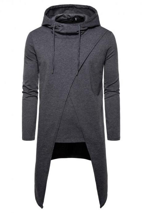 Fashion Men&amp;#039;s Sweatshirts Long Sleeve Clothing Irregular Cap Cover Middle And Long Hoodies Coat Dark Gray