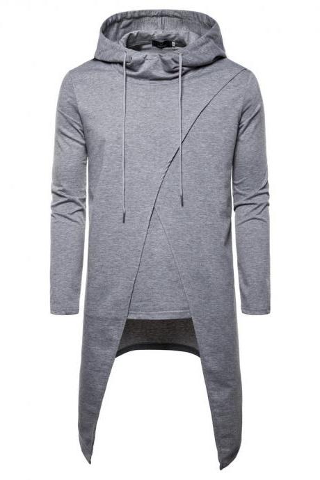 Fashion Men&amp;#039;s Sweatshirts Long Sleeve Clothing Irregular Cap Cover Middle And Long Hoodies Coat Light Gray