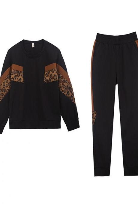 Casual Fashion Sports Suit Women&amp;#039;s Two-piece Long Sleeve Top+pants Clothing Tracksuit Black+caramel