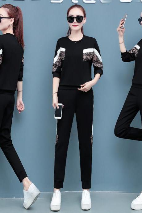 New casual fashion sports suit women's two-piece Long Sleeve Top+Pants clothing Tracksuit black+white