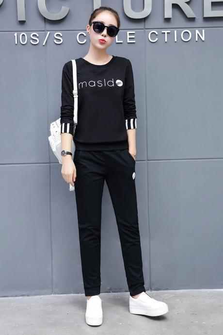 New women's Tracksuit casual fashion sports suitLong Sleeve Top+Pants Casual Two Pieces Set Outfits black