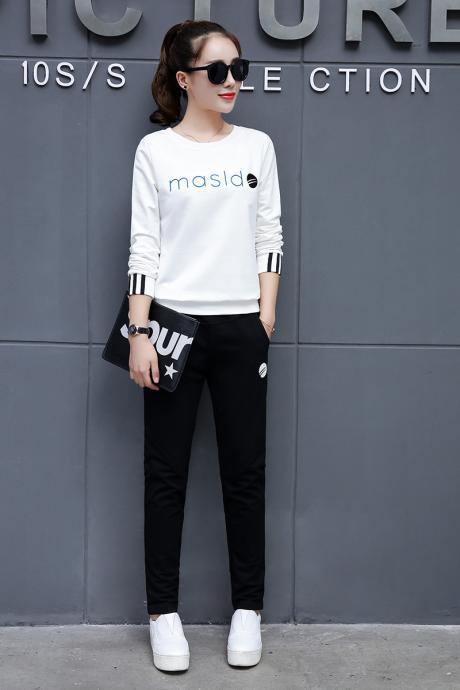 New women's Tracksuit casual fashion sports suitLong Sleeve Top+Pants Casual Two Pieces Set Outfits white