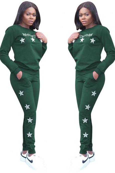 Fashion Women's Long Sleeves Embroidery Print Casual Bodycon Tracksuit 2pcs army green