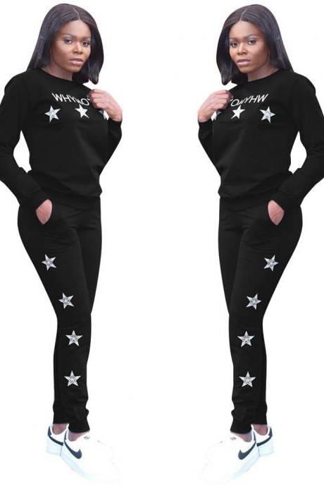 Fashion Women's Long Sleeves Embroidery Print Casual Bodycon Tracksuit 2pcs black