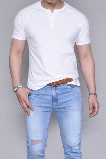 Mens Short Sleeve T Shirt 2019 Summer Fashion Sexy Solid Color Casual Breatnable Comfortable Shirt Tops White