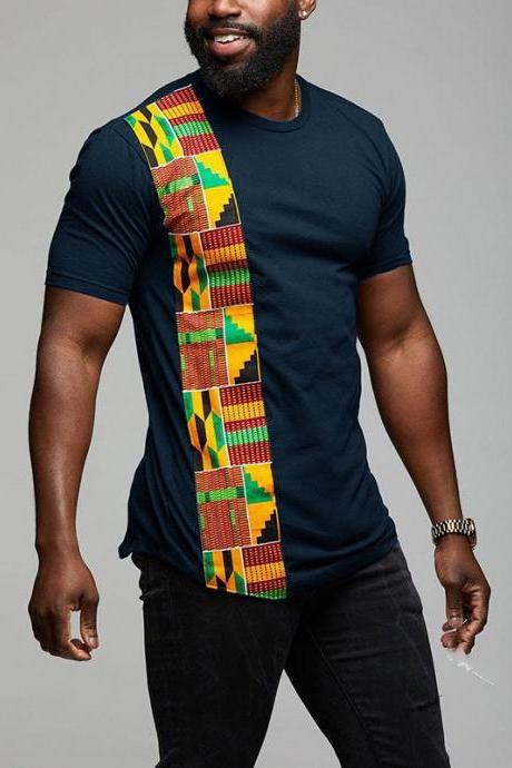 African Print Men's T-Shirt Top Kente Paneled Ghana Short-Sleeved Shirt Patchwork Clothing tops navy blue