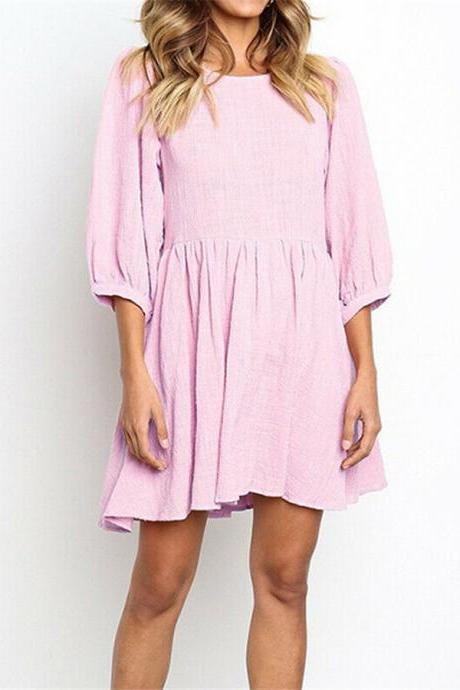Women’s Chiffon 3/4 Sleeve Casual Midi Dress Party Swing Summer Dress Sundress Pink