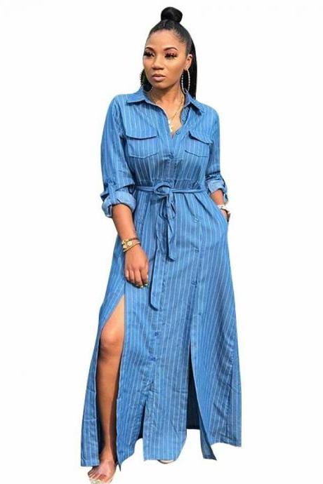 Women&amp;#039;s Long Sleeves Stripe Print Buttons High Slit Casual Long Denim Dress Light Blue