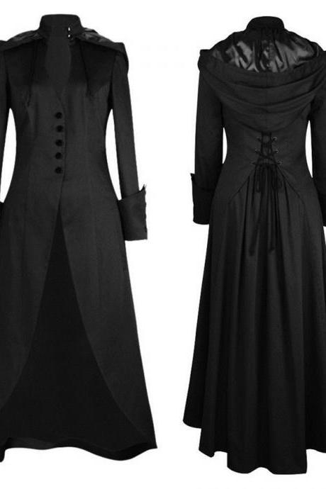 Women Vintage Tailcoat Jacket Steampunk Bandage Cape Irregular Outwear Long Coat Black