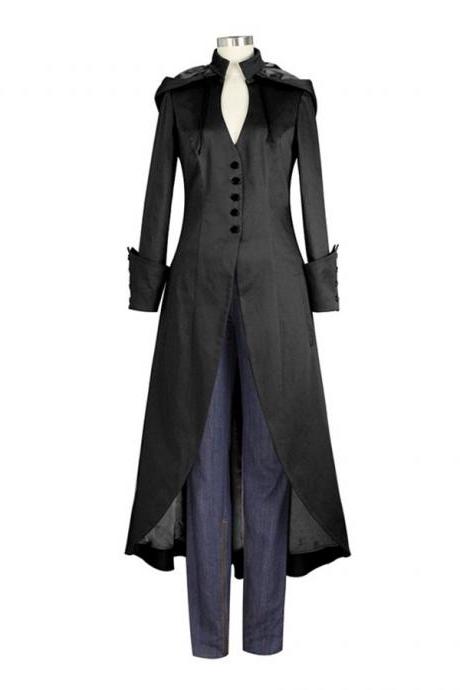 Women Vintage Tailcoat Jacket Steampunk Bandage Cape Irregular Outwear Long Coat Dary Gray