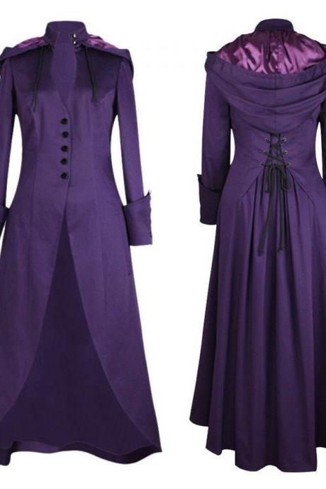 Women Vintage Tailcoat Jacket Steampunk Bandage Cape Irregular Outwear Long Coat Purple