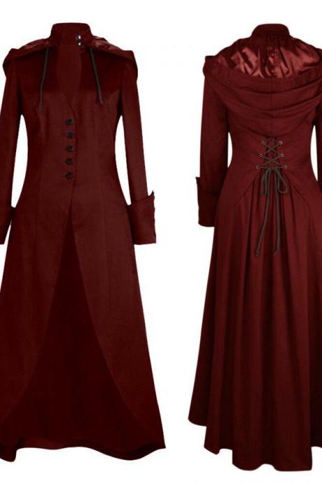 Women Vintage Tailcoat Jacket Steampunk Bandage Cape Irregular Outwear Long Coat Wine Red