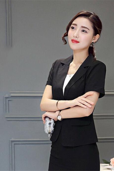 Women summer suit blazer jacket short sleeve Solid color tops office wear coat black