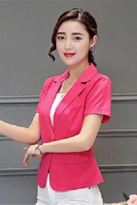 Women Summer Suit Blazer Jacket Short Sleeve Solid Color Tops Office Wear Coat Hot Pink