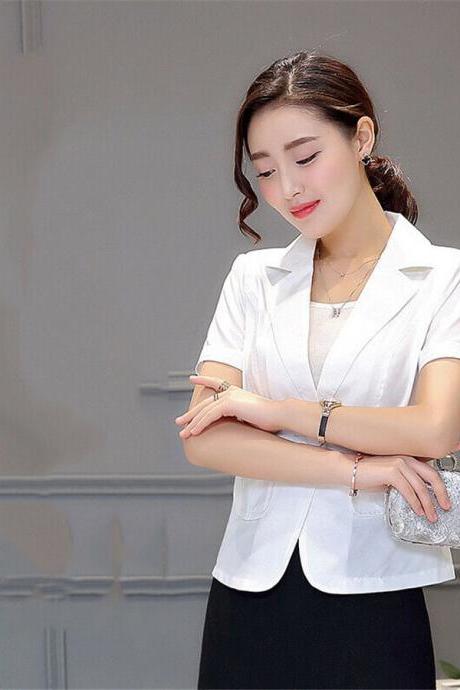 Women Summer Suit Blazer Jacket Short Sleeve Solid Color Tops Office Wear Coat White
